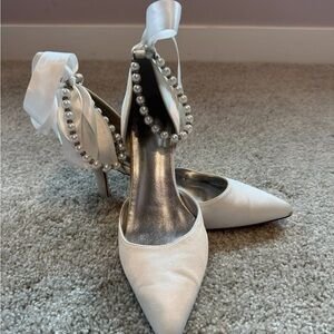 White Satin Pointed-Toe Heels with Pearl Ankle Straps